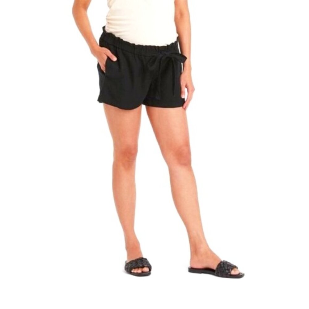 NWT Tie-Front Pull-On Elastic Waist Black Linen Maternity Shorts- XL